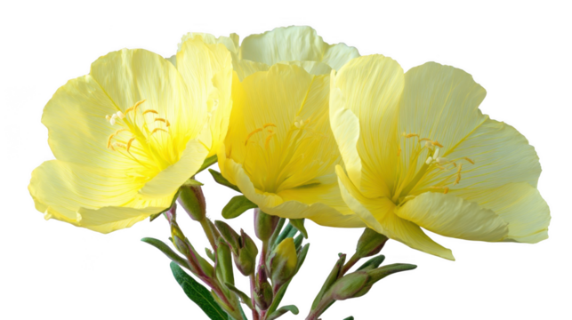 Three luminous yellow evening primrose blossoms displaying their delicate petals and bright centers
