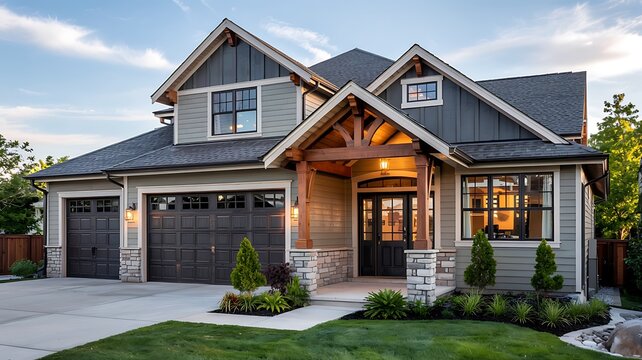 Beautifully crafted modern craftsman style house with a welcoming entrance and attached garage on a sunny day