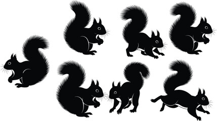 Collection of cute squirrel silhouettes, playful forest animals running and sitting with bushy tails, black vector illustration set isolated on white background