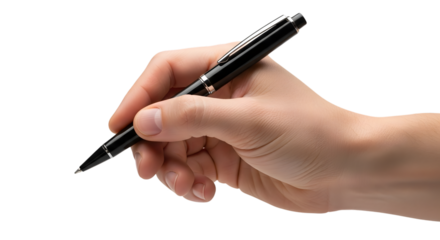Hand holding black pen writing or drawing isolated on transparent background
