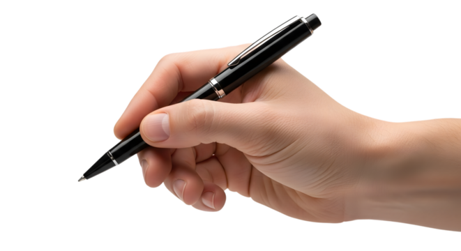 Hand holding black pen writing or drawing isolated on transparent background