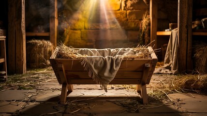 Empty wooden manger with soft cloth and straw bathed in a heavenly beam of light in a stable setting