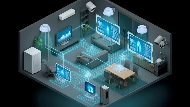 Smart home technology connected devices in a modern living room.
