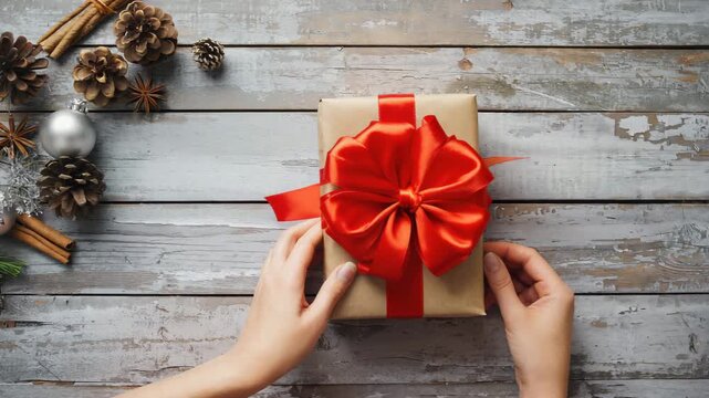 Hands Tying Red Ribbon Bow on Kraft Paper Gift Box Surrounded by Festive Christmas Decorations