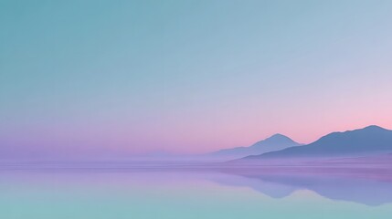 A serene pastel landscape with misty mountains reflecting in calm water under a gradient sky at dawn or dusk
