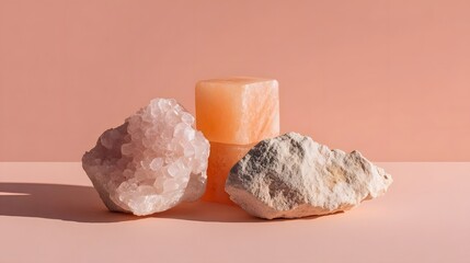 A minimalist arrangement of natural stones crystals and geometric salt blocks on a pastel pink surface under soft light