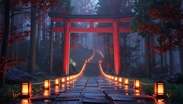 Mysterious red torii gate entrance to a serene japanese forest path illuminated by lanterns at dusk - Powered by Adobe