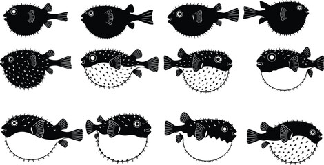 Collection of spiky pufferfish silhouettes, cute blowfish characters in black and white, marine life vector illustration set isolated on white background for design © Ideasy Mind