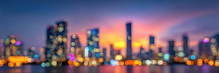 Bokeh of a skyline at sunset, reflecting on water, soft focus