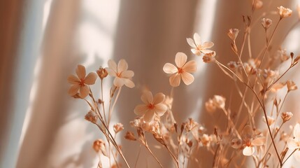 Delicate pastel wildflowers with thin stems bloom gently against a soft draped fabric background illuminated by subtle warm light casting gentle