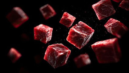 Floating, raw, cubed meat against dark background