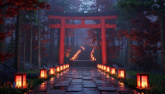 Mysterious red torii gate entrance to a japanese shrine illuminated by glowing lanterns on a foggy atmospheric path - Powered by Adobe