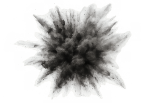 Black powder explosion bursting outwards, abstract smoke cloud impact effect with transparent background