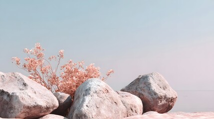 Minimalist pastel scene of delicate orange foliage among gray stones under a soft blue sky