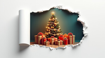 Christmas tree with twinkling lights and colorful gift boxes creates festive atmosphere. Cozy indoor space with warm ambiance. Concept of holiday celebrations, home decoration, joyful gatherings