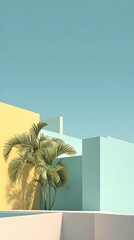 Minimalist pastel architectural scene featuring a lush palm tree against a serene clear sky