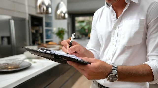 Designer&rsquo;s hands flipping through notes while the screen behind remains intentionally defocused, kitchen design preview barely recognizable, with copy space