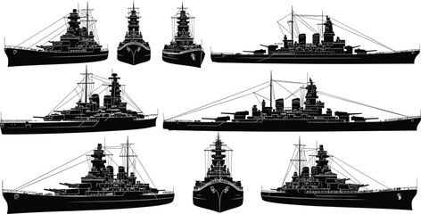 Collection of vintage battleship silhouettes, military warships with heavy guns, navy cruiser vessels in side and front view, black vector illustration isolated on white © Ideasy Mind