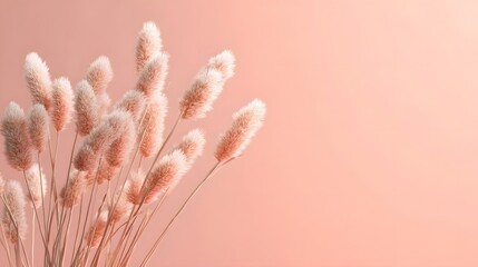 Soft fluffy dried grasses in pastel pink hues on a clean muted background