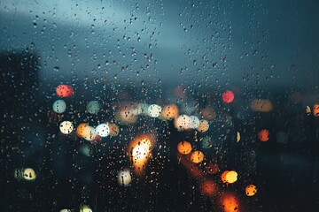 Raindrops on glass with city lights blurred in the background