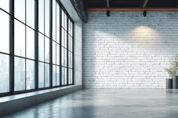 Loft Bright room, large window, white brick wall, bare concrete floor