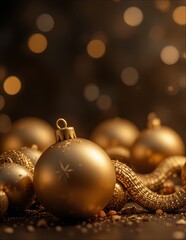 Golden Christmas ornaments and a decorative snake on a dark background with soft bokeh lights. The scene evokes a festive holiday atmosphere.