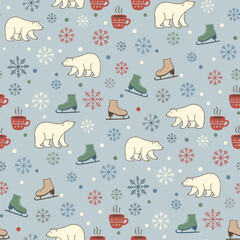 Christmas Pattern Vector. Seamless Christmas Snowflake Pattern with Bear. Merry Christmas Winter Seamless Pattern Background. Perfect for textile, wallpaper or print design.