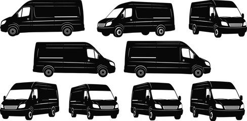 Set of black cargo van silhouettes, commercial delivery vehicle icons in different angles, transport logistics vector illustration isolated on white background © Ideasy Mind