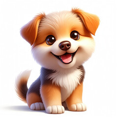 Joyful cute puppy with oversized eyes sitting playfully on white background