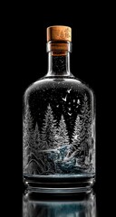 Etched glass bottle shows winter forest scene on black