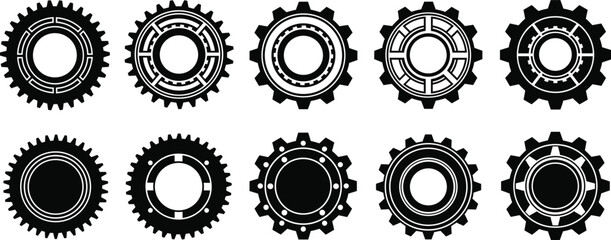 Set of black industrial gear silhouettes, mechanical cogwheel vector illustration, round machine parts for engineering, technology, and factory settings logo design icons