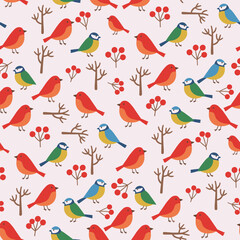 Christmas Pattern Vector. Seamless Christmas Bird Pattern with Berry and Branch. Merry Christmas Nature Seamless Pattern Background. Perfect for textile, wallpaper or print design.