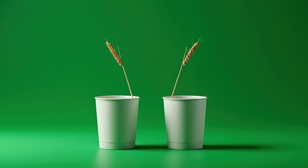 Two identical objects positioned harmoniously side by side, prominently featured against a vibrant and consistently verdant green background ,empty ,soothing ,identical