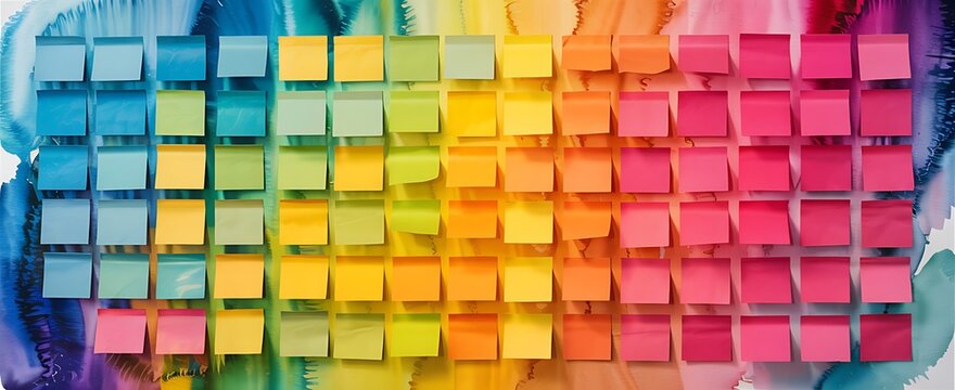 Vibrant rainbow of colorful sticky notes arranged in neat rows creating a cheerful and organized abstract background pattern