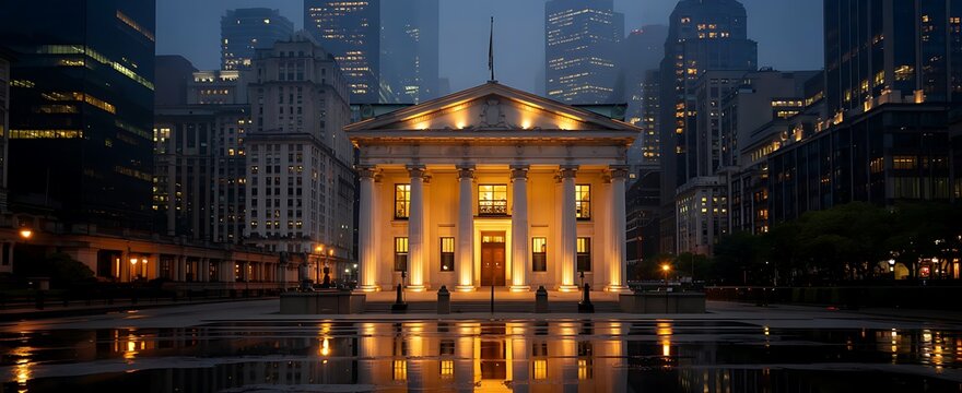 Majestic illuminated classical building facade with columns reflecting in wet pavement at dusk in a modern city