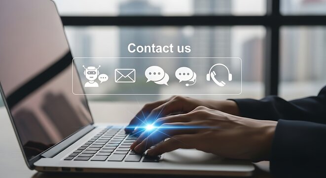 Hands typing on a laptop with digital contact us icons and a blurred city background symbolizing communication and connection