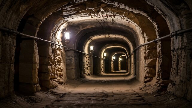 Ancient stone arched tunnel with dim lighting leading into the darkness of a historical underground passage - Powered by Adobe