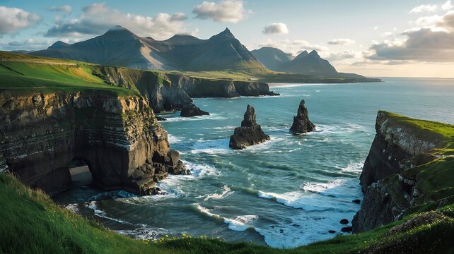 Dramatic icelandic coastline with rugged sea stacks and jagged mountains under a cloudy sky at sunset