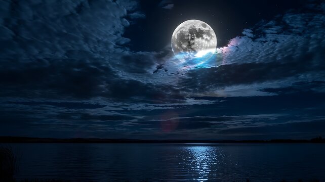 Mystical full moon illuminates a calm lake with dramatic clouds and shimmering reflection at night