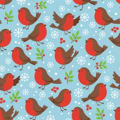 Christmas Bird Vector. Seamless Berry and Snowflake Pattern with Cheerful Robins. Whimsical Winter seamless pattern Background.