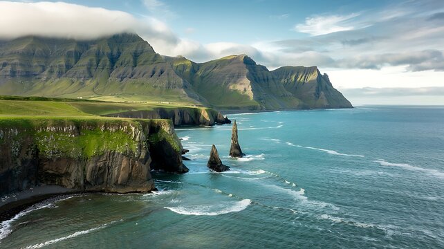 Dramatic icelandic coastline with towering sea stacks and rugged green cliffs meeting the turquoise ocean under a cloudy sky - Powered by Adobe