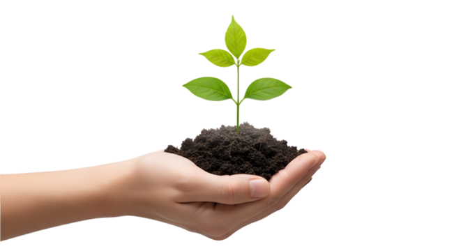Hand holding young plant sprout isolated on transparent background