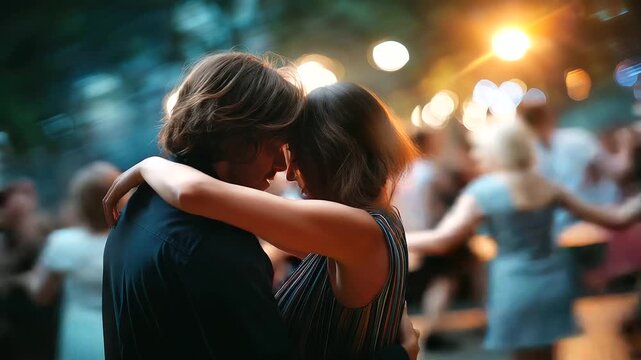 Faceless duo leaning into a slow dance, motion blur adding dreaminess, warm festival glimmer in background, with copy space