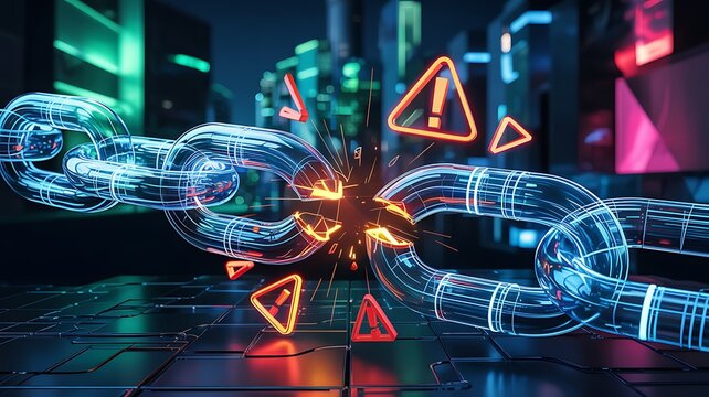 Digital blockchain network links breaking with glowing warning signs and abstract futuristic city background symbolizing data security breach