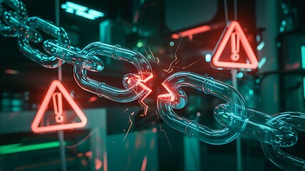 Broken metallic chain with glowing red warning signs indicating a security breach or system failure in a dark futuristic environment