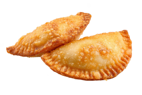 Two delicious golden fried empanadas with crispy textured crusts are carefully presented on a plain black surface