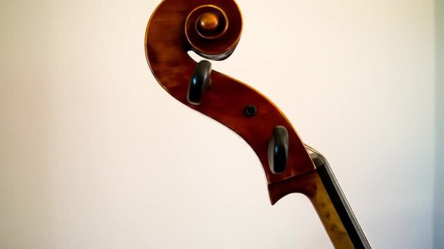A close-up view of a cello's upper portion with the pegbox, scroll, neck, and pegs