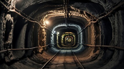 Illuminated dark underground mine tunnel with railway tracks disappearing into the distance and rough rock walls
