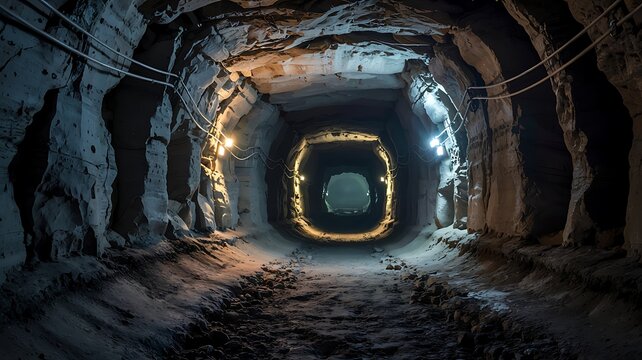 Illuminated tunnel with rough textured walls and a glowing oval opening at the end of the dark cavern - Powered by Adobe