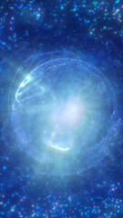Radiant blue cosmic vortex with swirling particles and bright central light forming a dynamic portal-like structure
